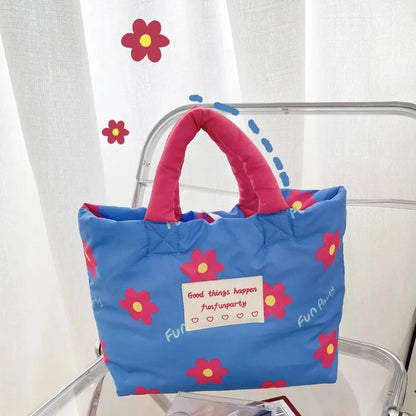 Printed Cartoon Dog Cotton Padded Tote Bag Tulips Flower Quilted Handbag