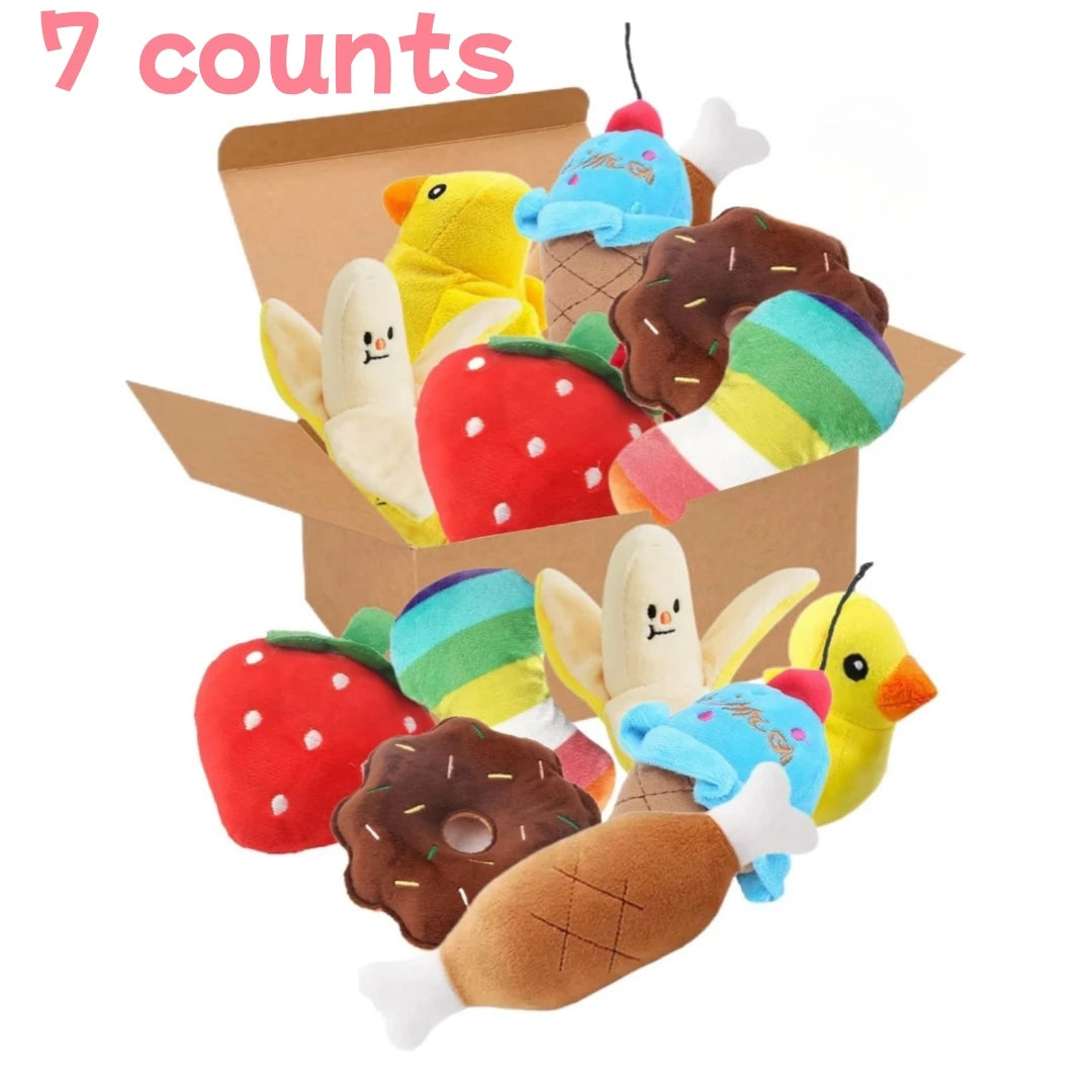 A 7-piece set of Plush Fruit Snack Style Sound Chewing Pet Toy Box