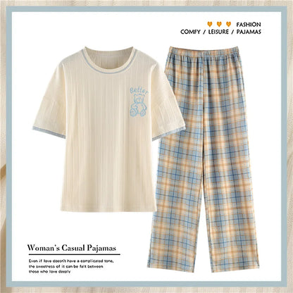 Women's Short-sleeved Pajama with Plaid Pattern Pajamas Pants