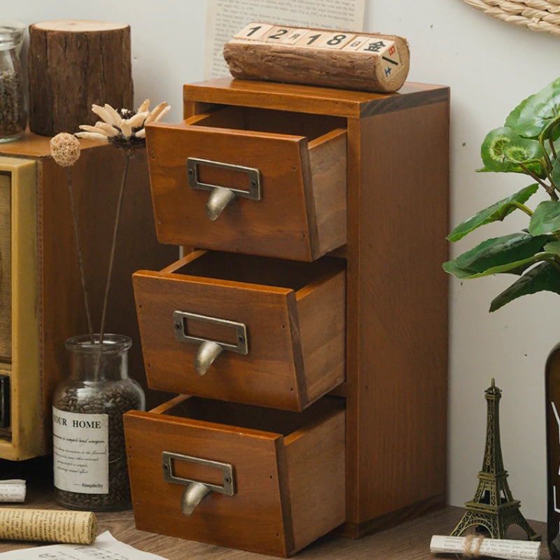 Retro Small Three Layers Wooden Organizer Storage Drawer