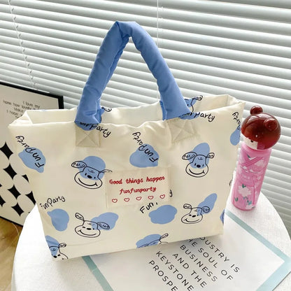 Printed Cartoon Dog Cotton Padded Tote Bag Tulips Flower Quilted Handbag