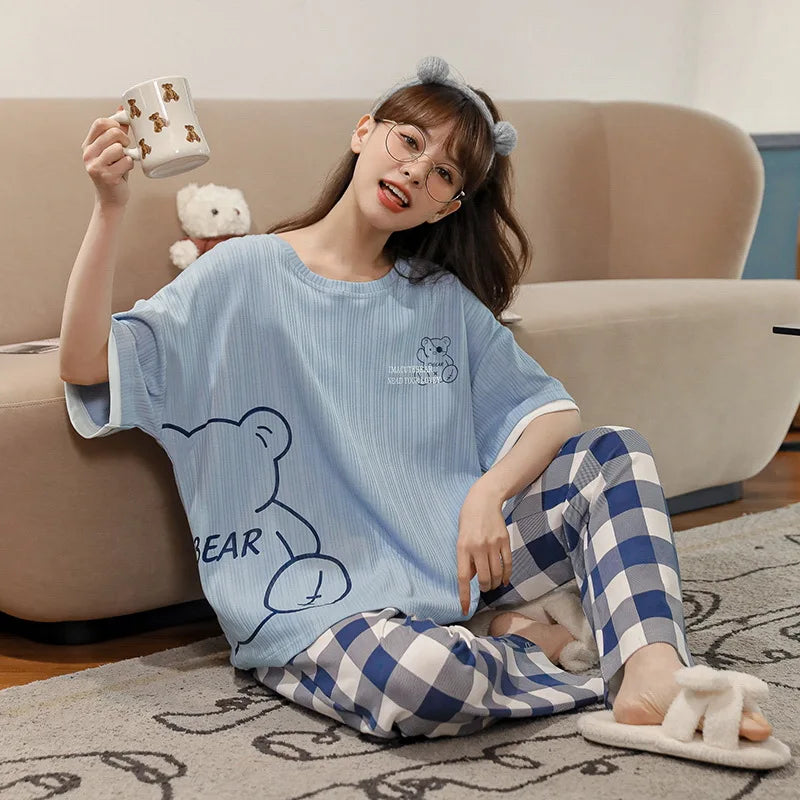 Women's Short-sleeved Pajama with Plaid Pattern Pajamas Pants